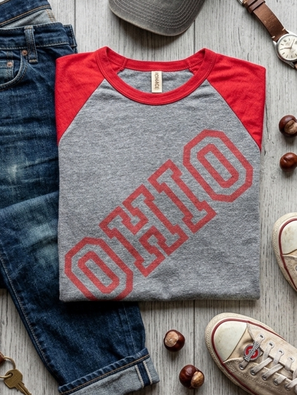 HOMAGE Gray & Red Raglan Long Sleeve Tee with Ohio Graphic